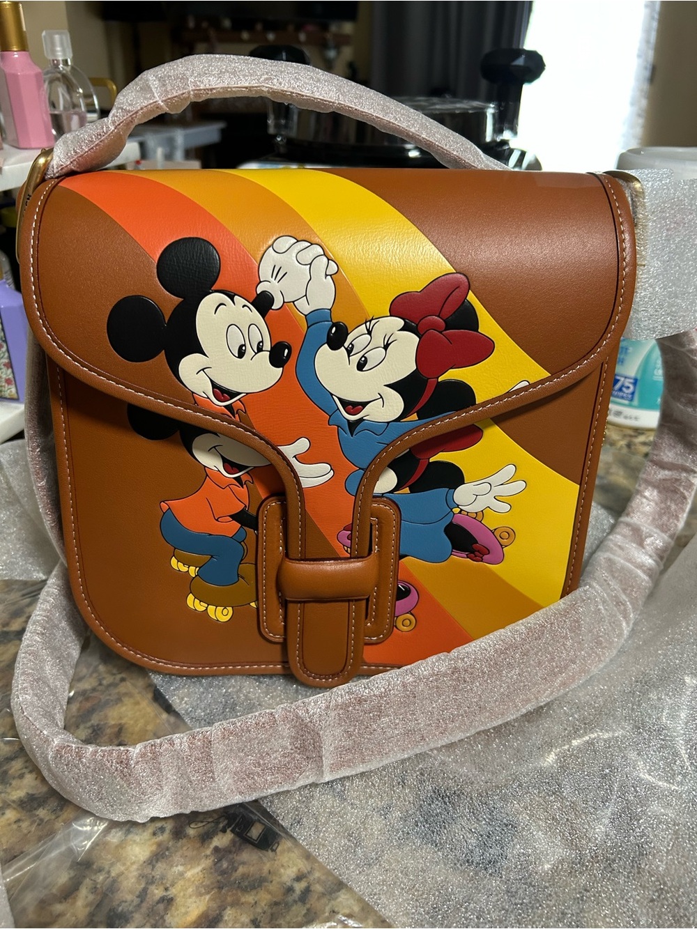 Coach Brown Leather Crossbody with Mickey & Minnie Rainbow Motif - Picture 10 of 12